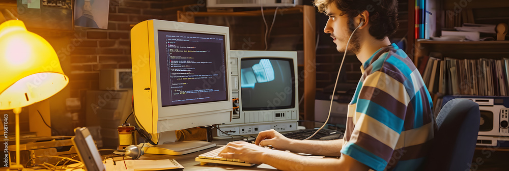 Poster caucasian male computer engineer programming on old desktop computer in retro garage. experienced so