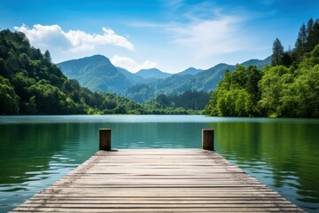 Serene lake view with wooden dock and mountain backdrop. Nature background. - obrazy, fototapety, plakaty