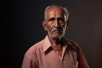 Fototapeta premium Portrait of a jovial indian elderly man in his 90s donning a trendy cropped top against a bare monochromatic room. AI Generation