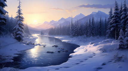 simple sunset winter wallpaper artwork with a river next to a forest, wallpaper design - obrazy, fototapety, plakaty