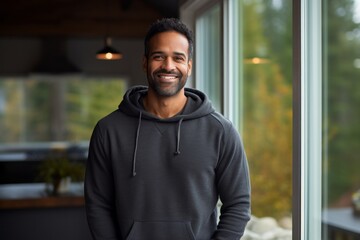 Portrait of a happy indian man in his 30s dressed in a comfy fleece pullover against a stylized simple home office background. AI Generation