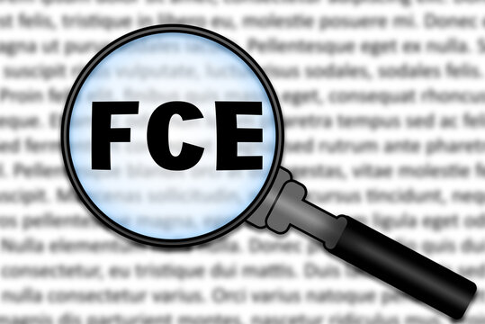 Focused on FCE exam. Word FCE under magnifying glass. International Test of English as a Foreign Language. Preparation to First Certificate in Cambridge English. E-learning. 