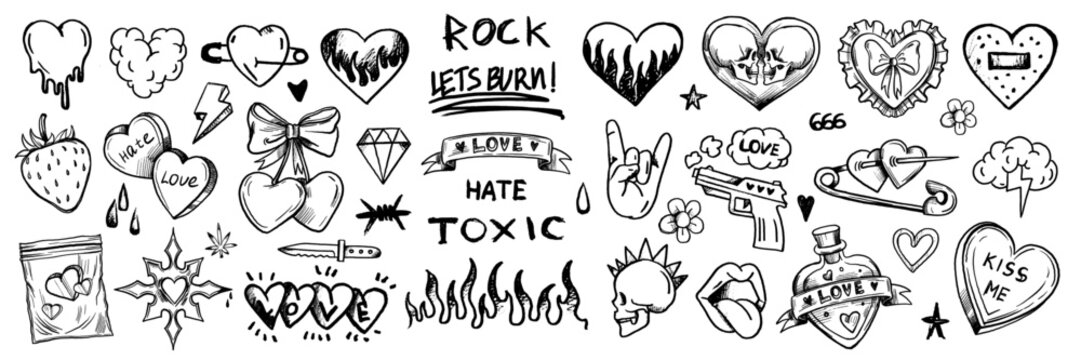 Doodle love grunge rock set, graffiti groovy vector punk heart print kit, emo gothic hand drawn sign. Marker scribble sticker, crayon wax paint collage icon, lips. Romantic Valentine Day heart doodle