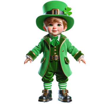 a cheerful leprechaun celebrating St Patrick's Day, dressed in traditional Irish attire and surrounded by shamrocks