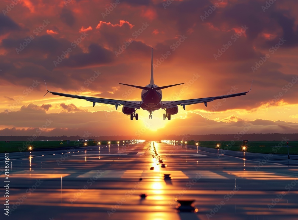 Poster a large jetliner flying over a runway under a cloudy sky with the sun setting in the middle of the r