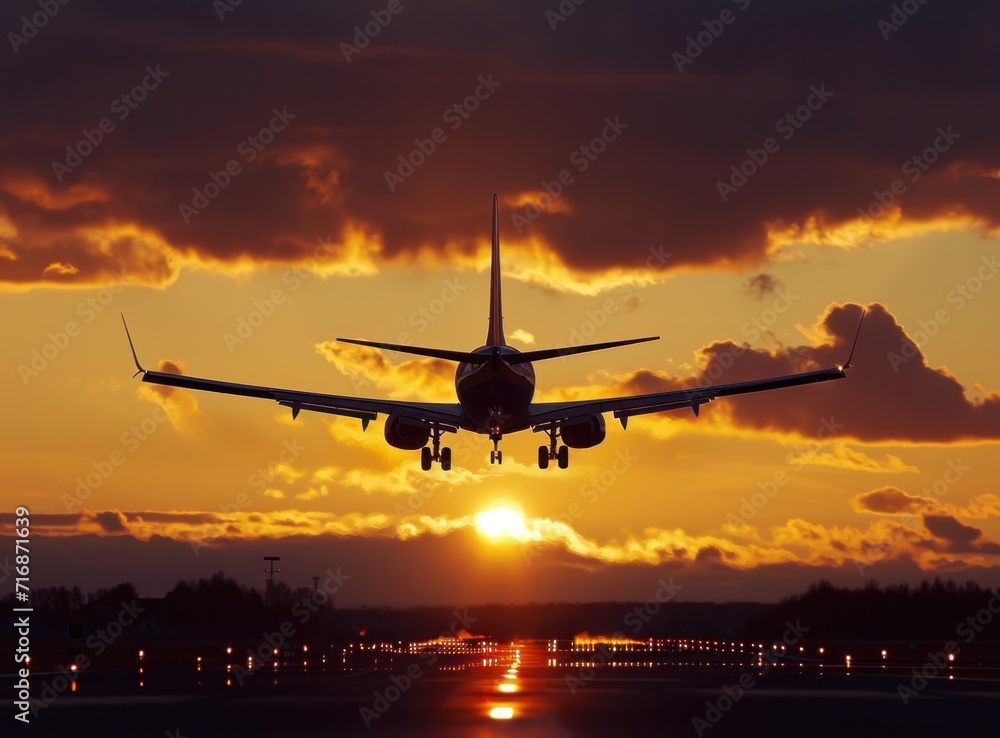Aufkleber a large jetliner flying over a runway under a cloudy sky with the sun setting in the middle of the s