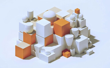 Abstract orange white composition, white background, 3d design render
