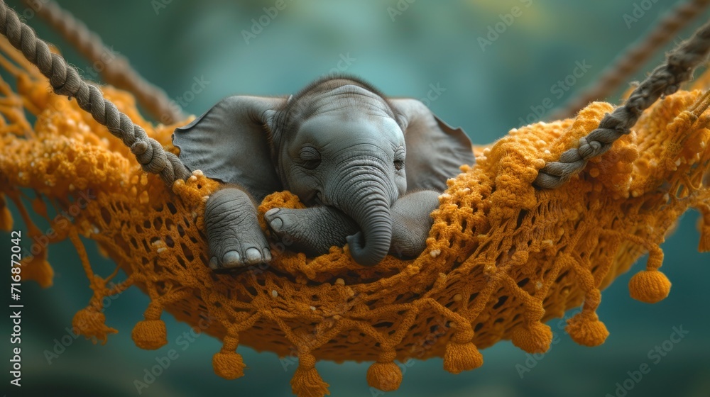 Aufkleber a baby elephant laying in a hammock with it's trunk resting on it's back and it's head resting on it