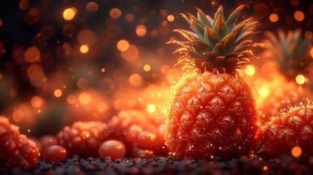  a pineapple and raspberries on a black surface with a blurry background The pineapple is a bright yellow color and the berries are a deep red The background is sl