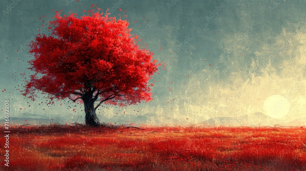 Poster a painting of a tree in the middle of a field with red leaves falling off of it's branches in front 