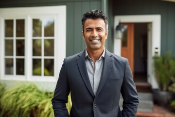 Portrait of a grinning indian man in his 40s dressed in a stylish blazer against a stylized simple home office background. AI Generation