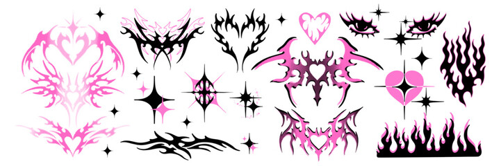 Y2k tattoo sticker set, gothic heart silhouette, Neo tribal aesthetic icon, butterfly, stars, fire. Love grunge groovy fashion print, acid ornament element collection, retro emo kit. Girly y2k sticker - obrazy, fototapety, plakaty