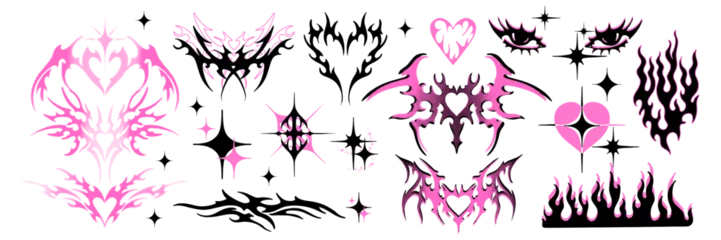 Keuken foto achterwand Grunge vlinders Y2k tattoo sticker set, gothic heart silhouette, Neo tribal aesthetic icon, butterfly, stars, fire. Love grunge groovy fashion print, acid ornament element collection, retro emo kit. Girly y2k sticker