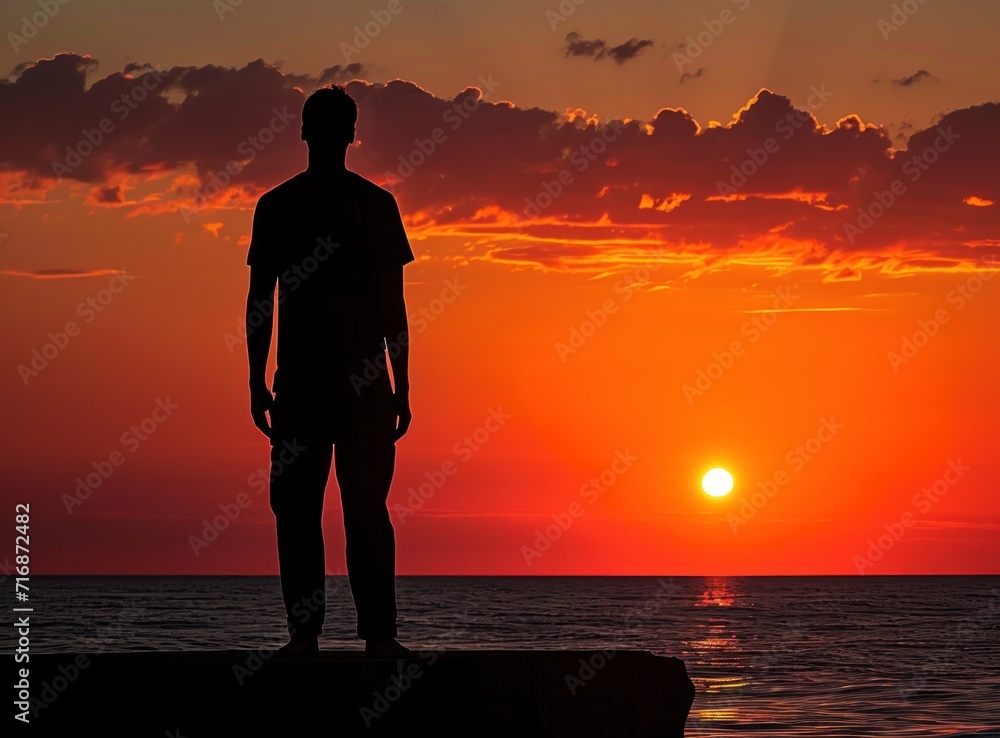 Poster a man standing on the edge of a cliff watching the sun go down over the ocean with a red and orange 