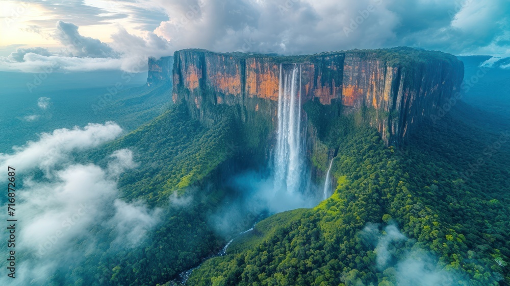 Aufkleber an aerial view of a waterfall in the middle of a forest with a waterfall in the middle of the pictur