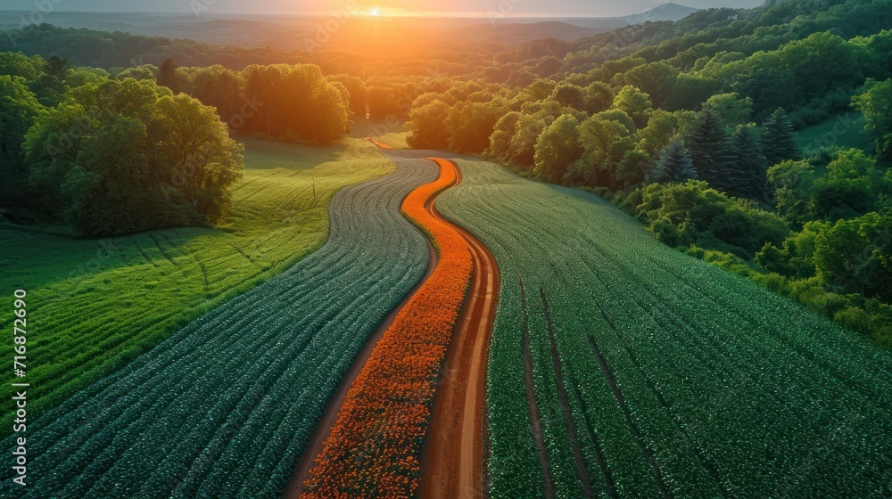 Poster an aerial view of a road in the middle of a green field with trees on both sides of the road and the