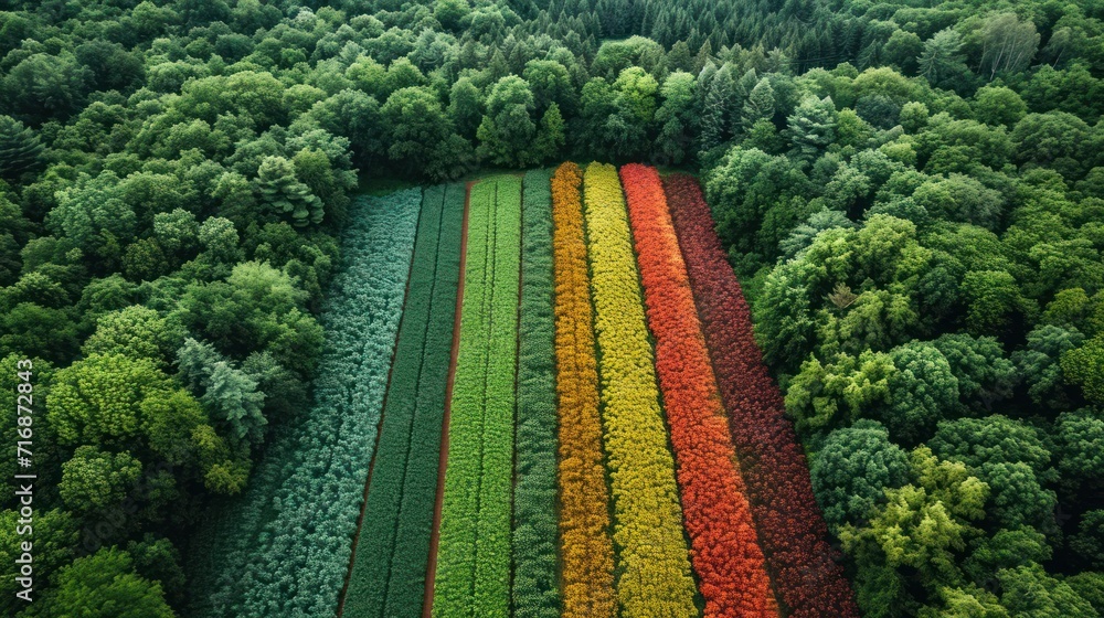 Poster an aerial view of a forest filled with lots of trees and a rainbow - colored patch of grass in the m