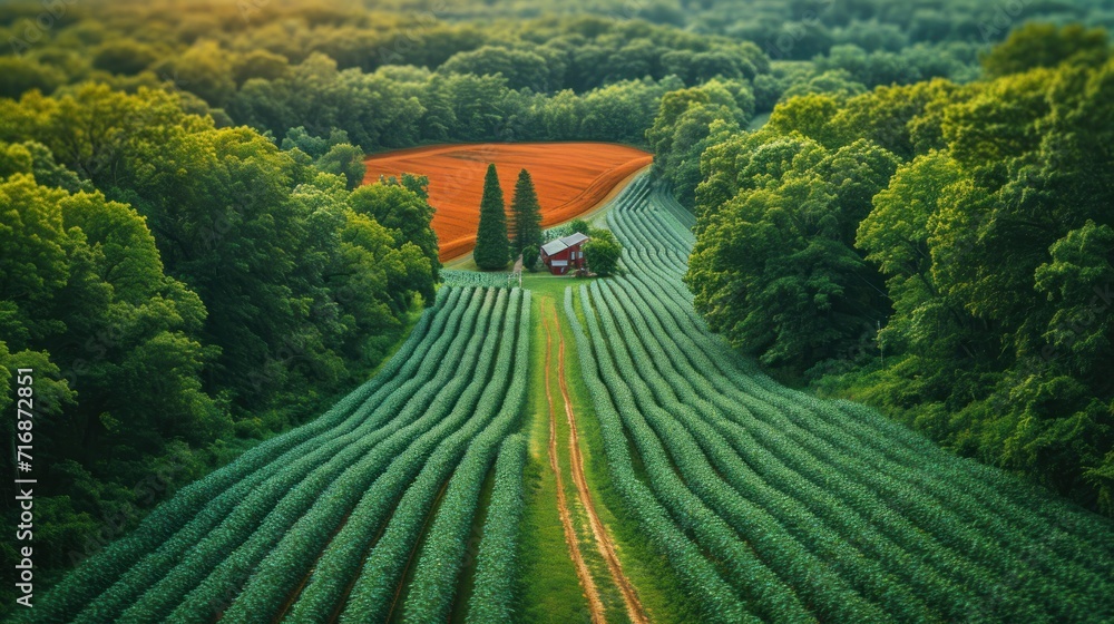 Poster an aerial view of a farm with a red barn in the middle of the field and a row of trees on the other 