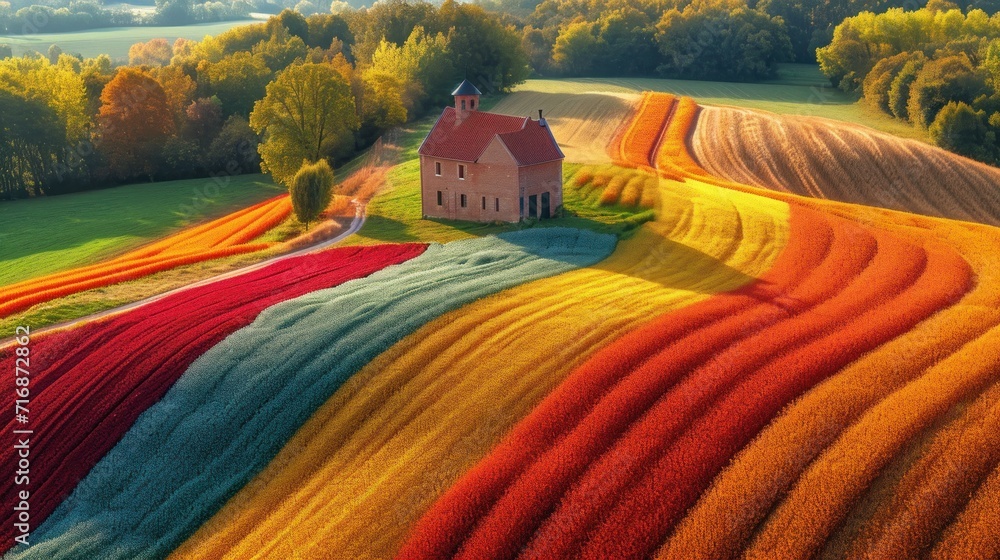 Poster an aerial view of a house in the middle of a field with a rainbow colored strip of grass in the fore