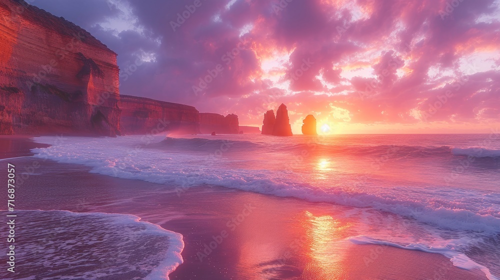 Poster the sun is setting over the ocean with waves crashing in front of a rock formation and a beach with 