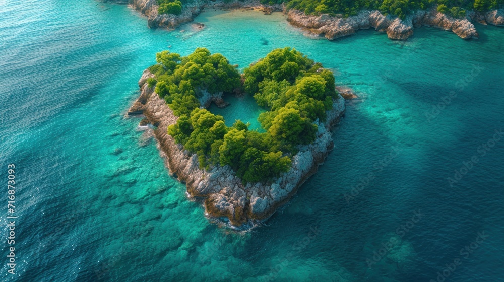 Aufkleber an aerial view of a heart shaped island in the middle of a body of water with trees in the shape of 