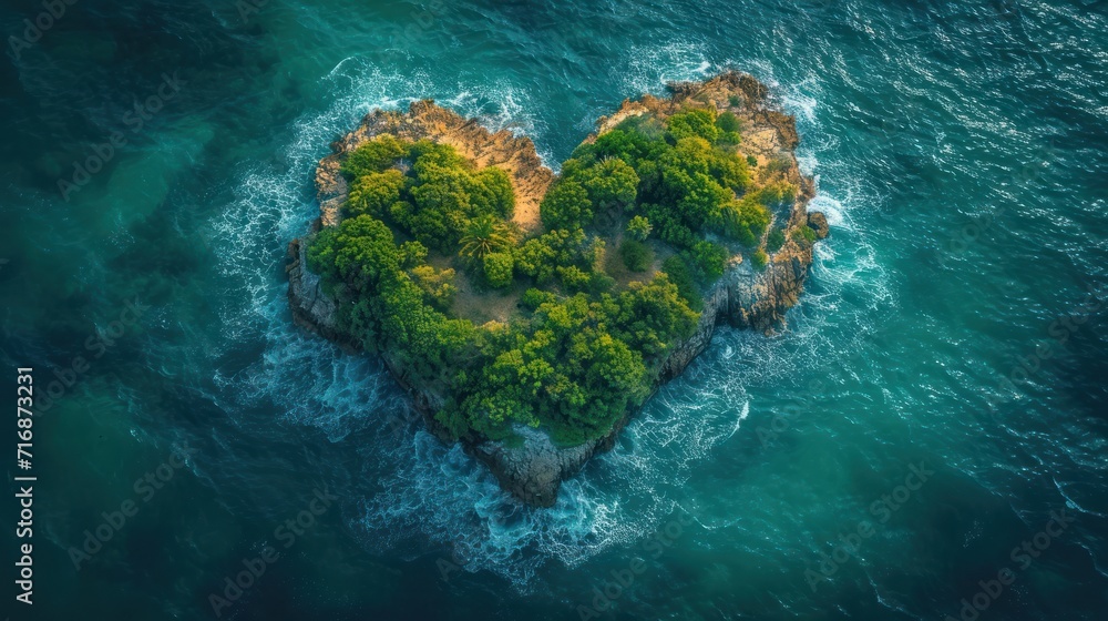 Aufkleber an aerial view of a heart - shaped island in the middle of a body of water with trees on top of it a