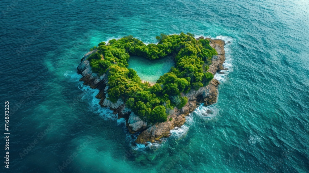 Poster an aerial view of a heart shaped island in the middle of a body of water with trees in the shape of 