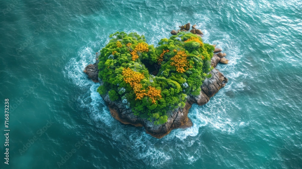 Poster an aerial view of a heart - shaped island in the middle of a body of water with rocks and trees in t