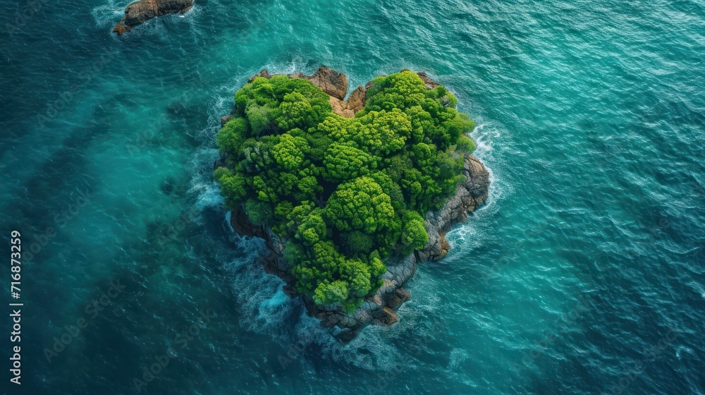 Poster an aerial view of a heart shaped island in the middle of a body of water with trees on top of it and