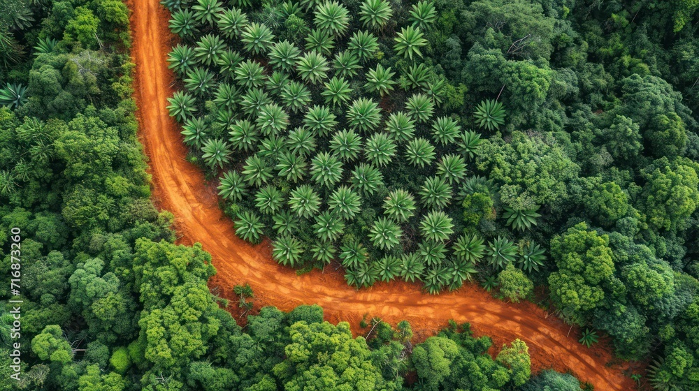 Poster an aerial view of a dirt road in the middle of a forest with lots of trees on either side of it and 