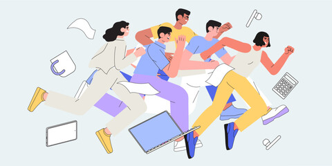 Fototapeta na wymiar Office workers or clerks race or sprint. Business competition or rivalry between employees or colleagues. Vector illustration in flat cartoon style. Man and woman run with laptops to their goals.