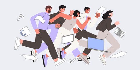 Office workers or clerks race or sprint. Business competition or rivalry between employees or colleagues. Vector illustration in flat cartoon style. Man and woman run with laptops to their goals.