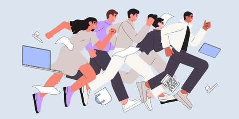 Office workers or clerks race or sprint. Business competition or rivalry between employees or colleagues. Vector illustration in flat cartoon style. Man and woman run with laptops to their goals.