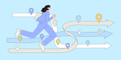 Roadmap, project milestone or business journey achievement, workflow or work process timeline to success, step planning or progress concept. Businesswoman run on milestone location on business roadmap