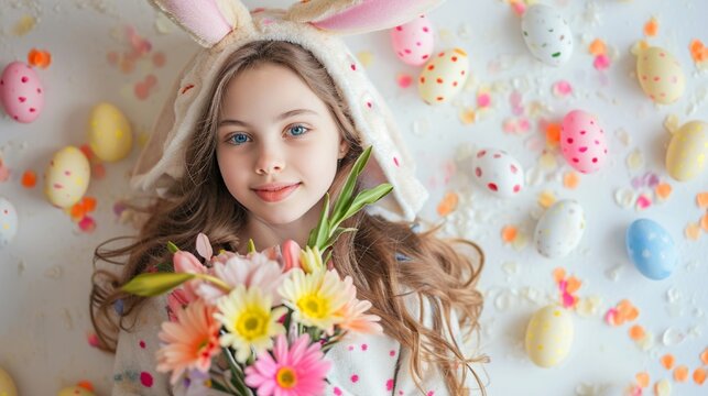 A high-quality photo showing a teenage girl dressed as a bunny and carrying a bunch of spring flowers with Easter eggs scattered