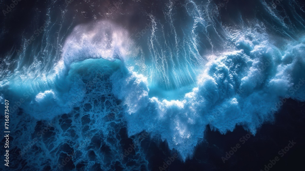 Poster a large wave in the middle of a body of water with blue foam on the bottom of the wave and the botto