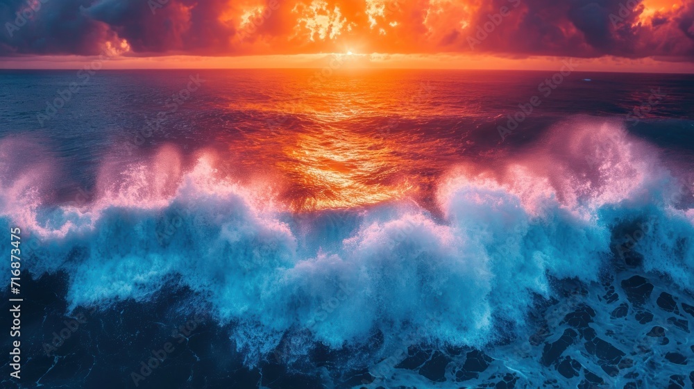 Aufkleber the sun is setting over the ocean with a large wave in the foreground and an orange and blue sky in 