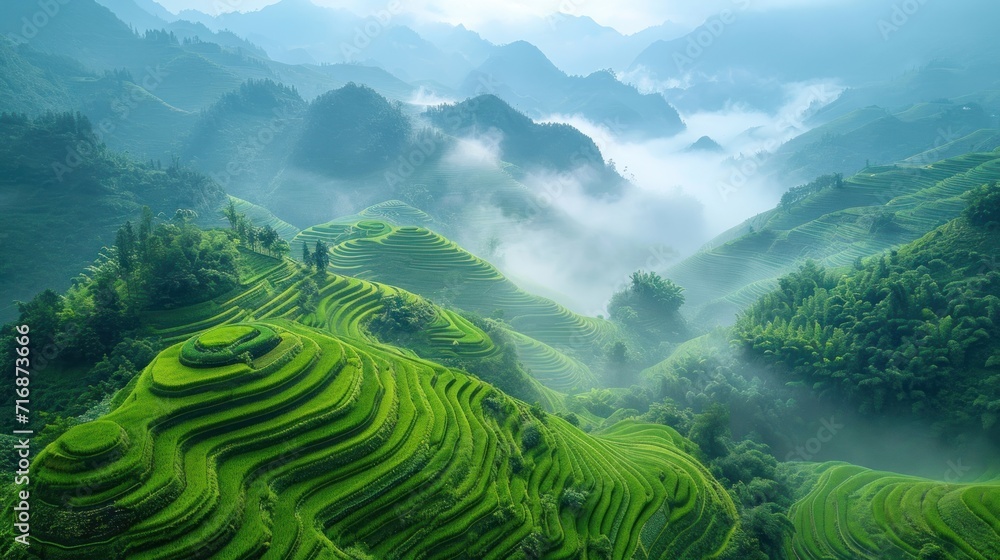 Poster an aerial view of a rice field with mountains in the background and fog in the foreground, with a pe