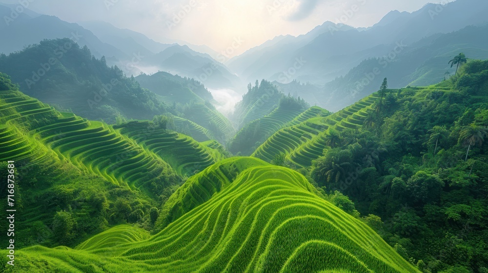 Poster an aerial view of a rice field with mountains in the backgrouds and trees in the backgrouds in the f