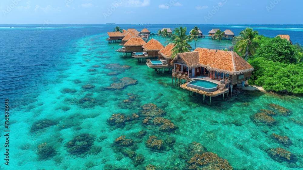 Poster an aerial view of a resort in the middle of the ocean with thatched roofs and a swimming pool in the