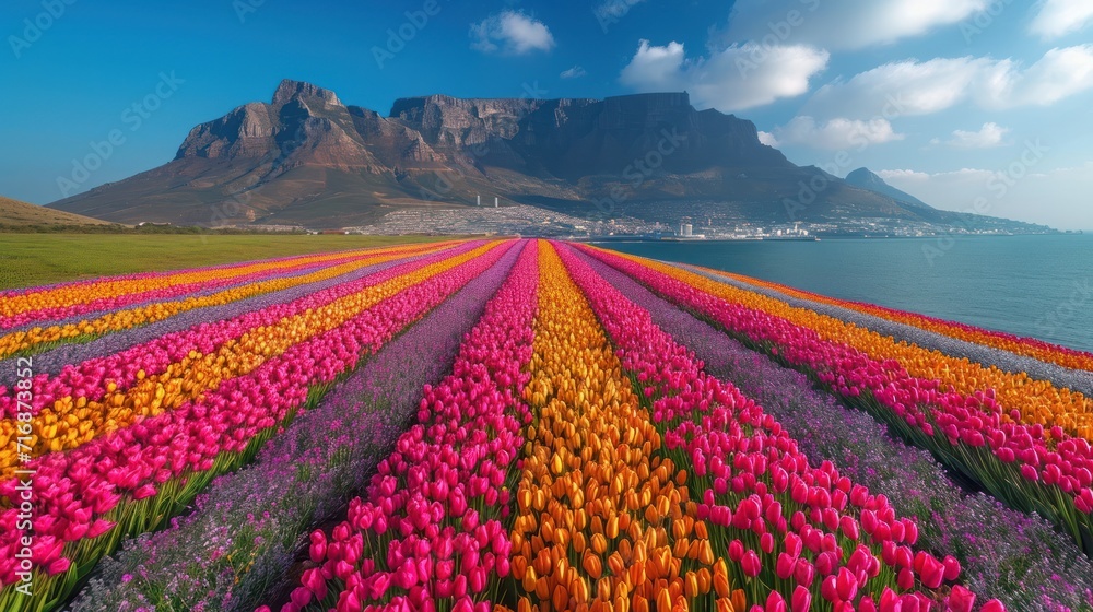 Poster a field of tulips in front of a mountain with a body of water in the foreground and a city in the ba