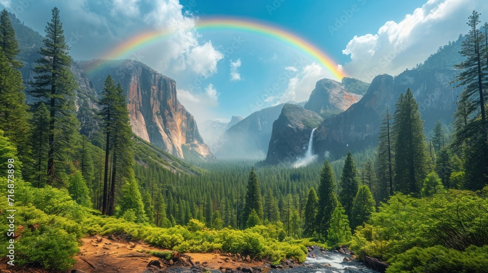 Poster a rainbow in the sky over a mountain with a river in the foreground and a waterfall in the middle of