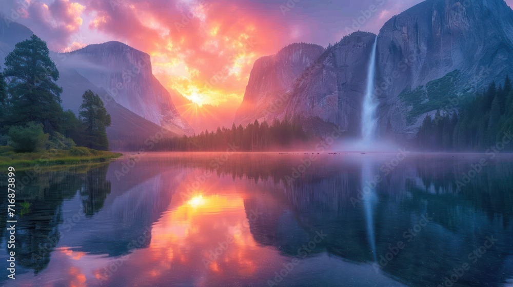 Poster a large body of water with a waterfall in the middle of it and a mountain range in the background wi
