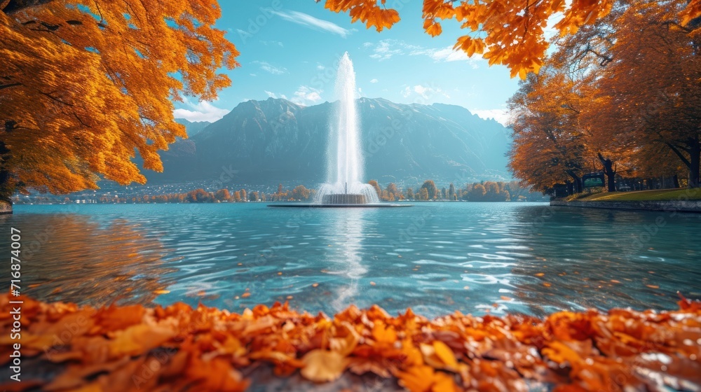 Poster a view of a fountain in the middle of a lake surrounded by trees with orange leaves on the ground an