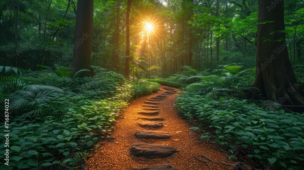 Poster a path in the middle of a forest with the sun shining through the trees on the other side of the pat