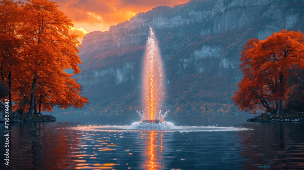 Poster  a large fountain spewing water into a lake surrounded by trees with orange leaves in the foreground and a mountain range in the background with a red sky.