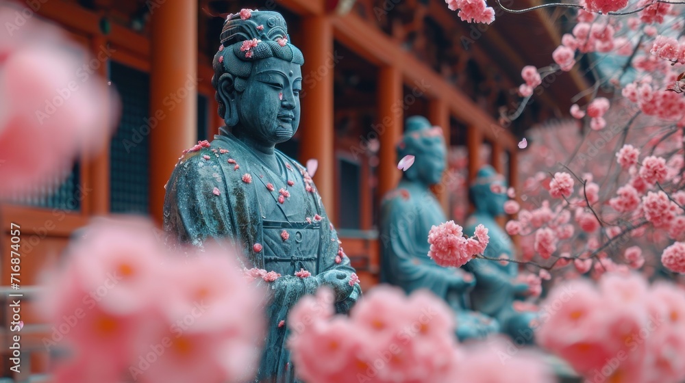 Poster a statue of a person surrounded by pink flowers in front of a building with red pillars and red flow