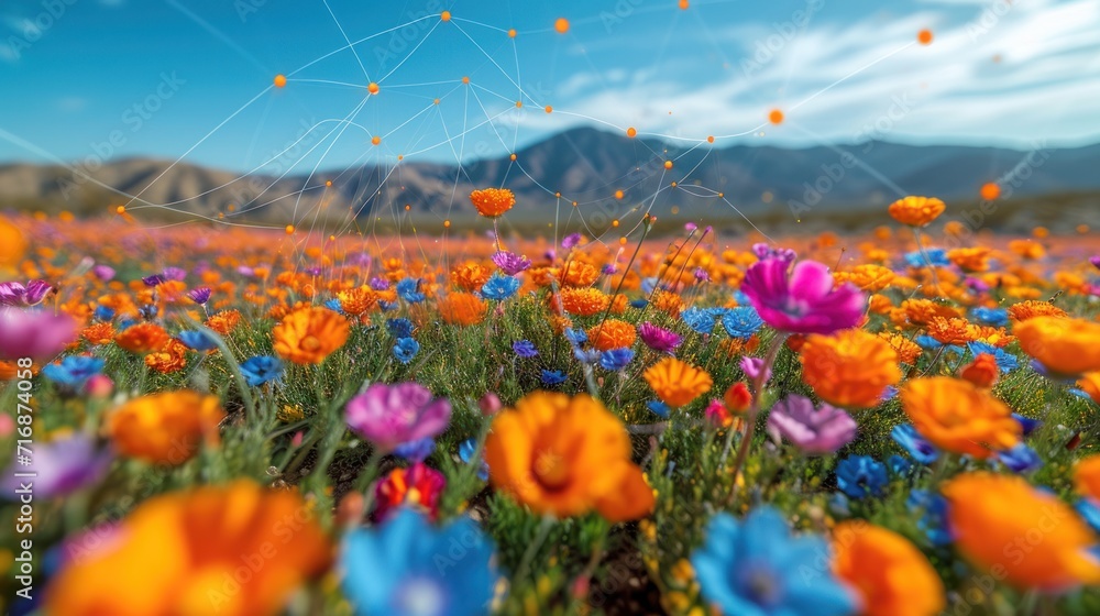 Poster a field filled with lots of colorful flowers under a blue sky with a spider web in the middle of the