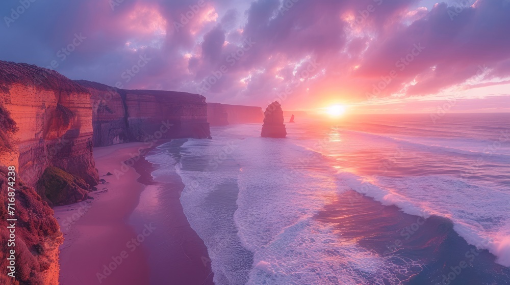 Poster the sun is setting over the cliffs of a beach with waves crashing on the shore and a large rock outc