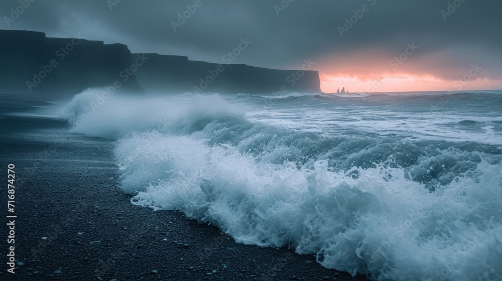 Poster a large body of water with waves crashing on top of it and a lighthouse in the distance with a cloud